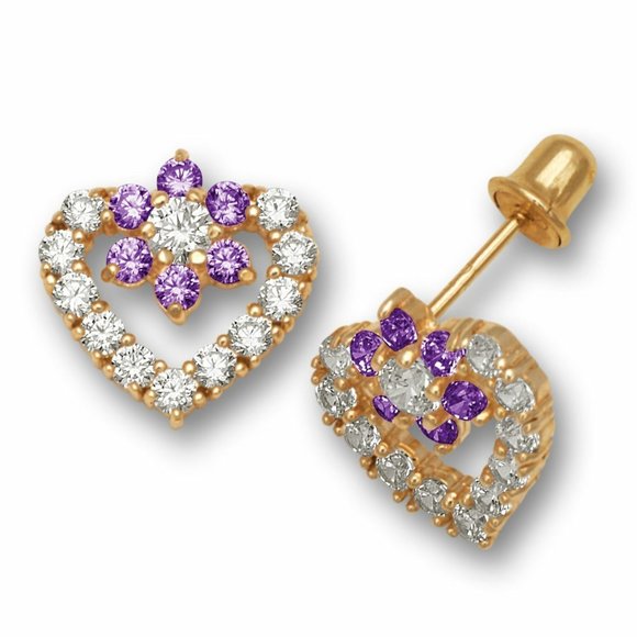 Solid 14K Yellow Gold Heart Shape Screw Back Earrings with Sparkling Birthstone - Picture 3 of 13